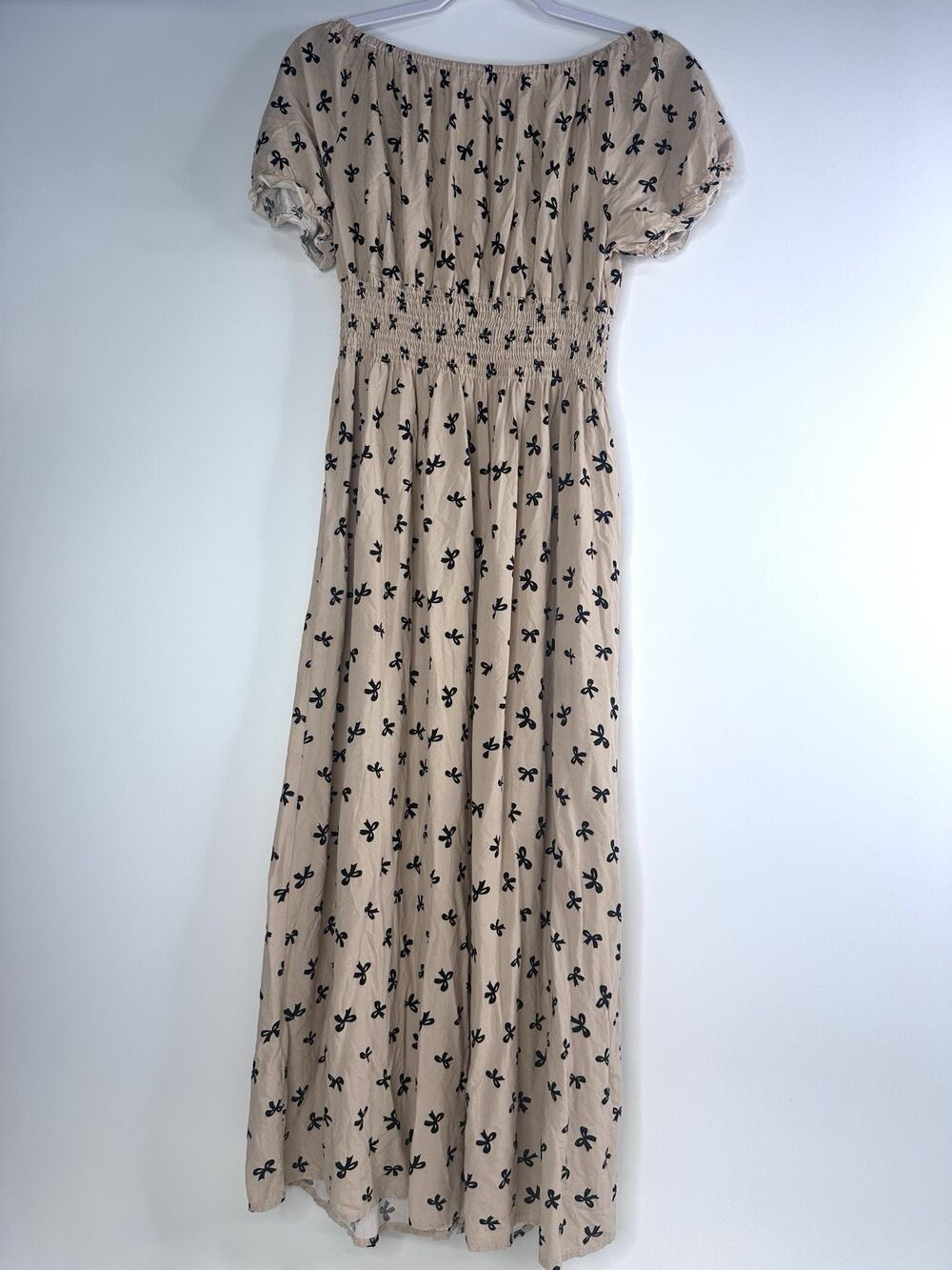 Anthropologie Kindred XL Bows Boho Maxi Smocked Biege Cottage Core Coquette